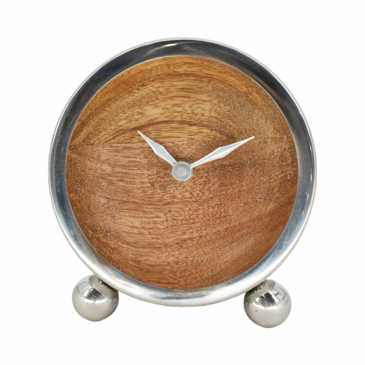 METAL, 5" ROUND WOOD FACE TABLE CLOCK, SILVER