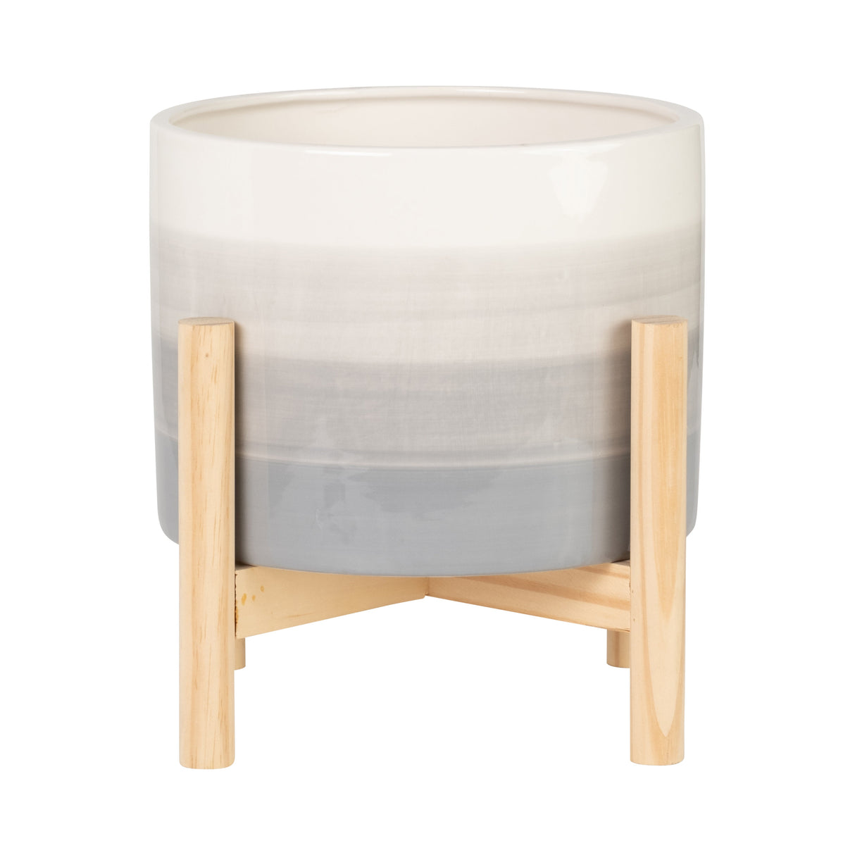 8" CERAMIC PLANTER W/ WOOD STAND, BEIGE MIX