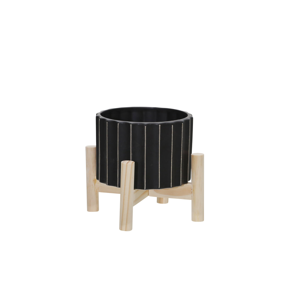 6" CERAMIC FLUTED PLANTER W/ WOOD STAND, BLACK