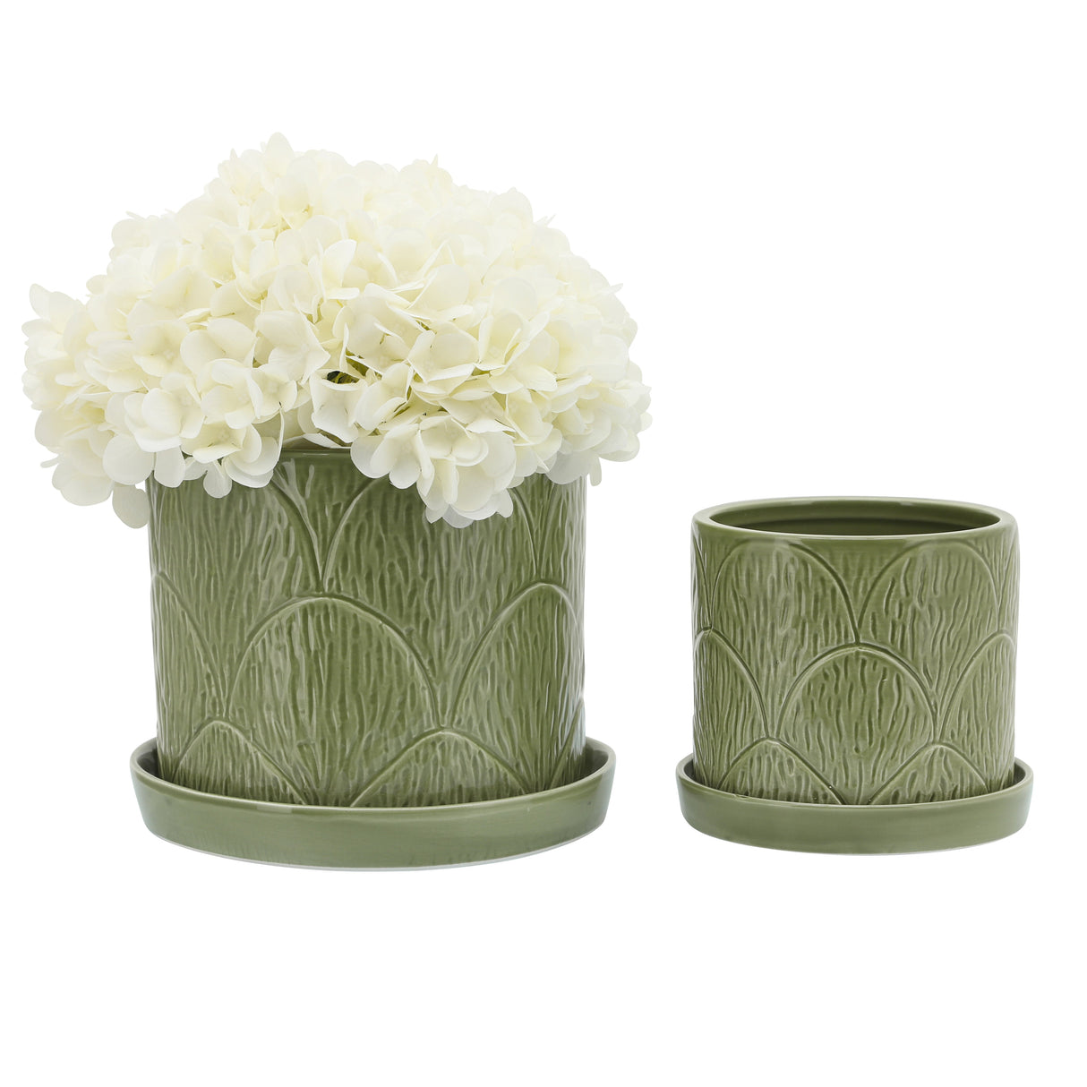 S/2 SHELL PLANTERS W/ SAUCER 6/8", GREEN