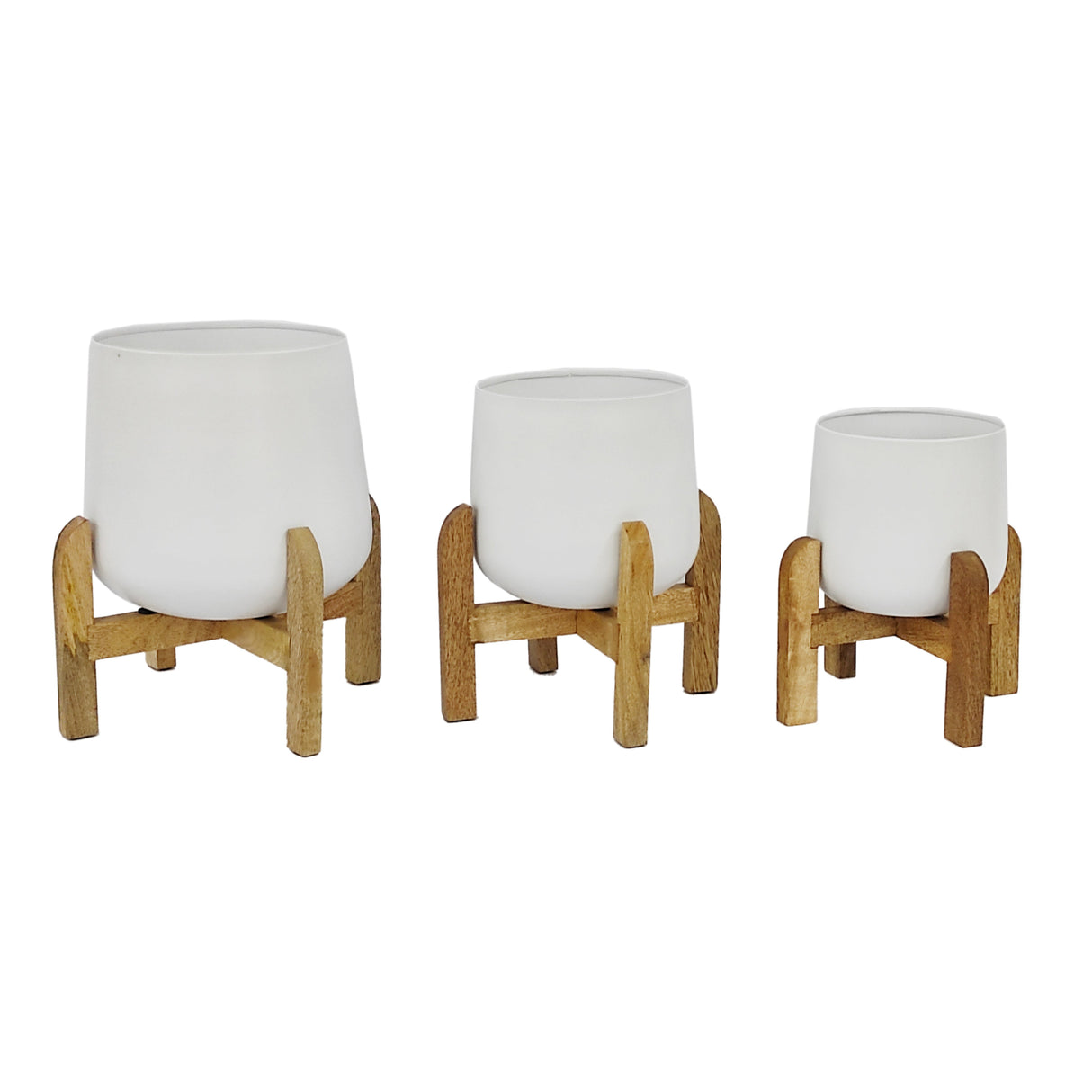 S/3 METAL 9/10/12" PLANTER W/ WOOD STAND, WHITE