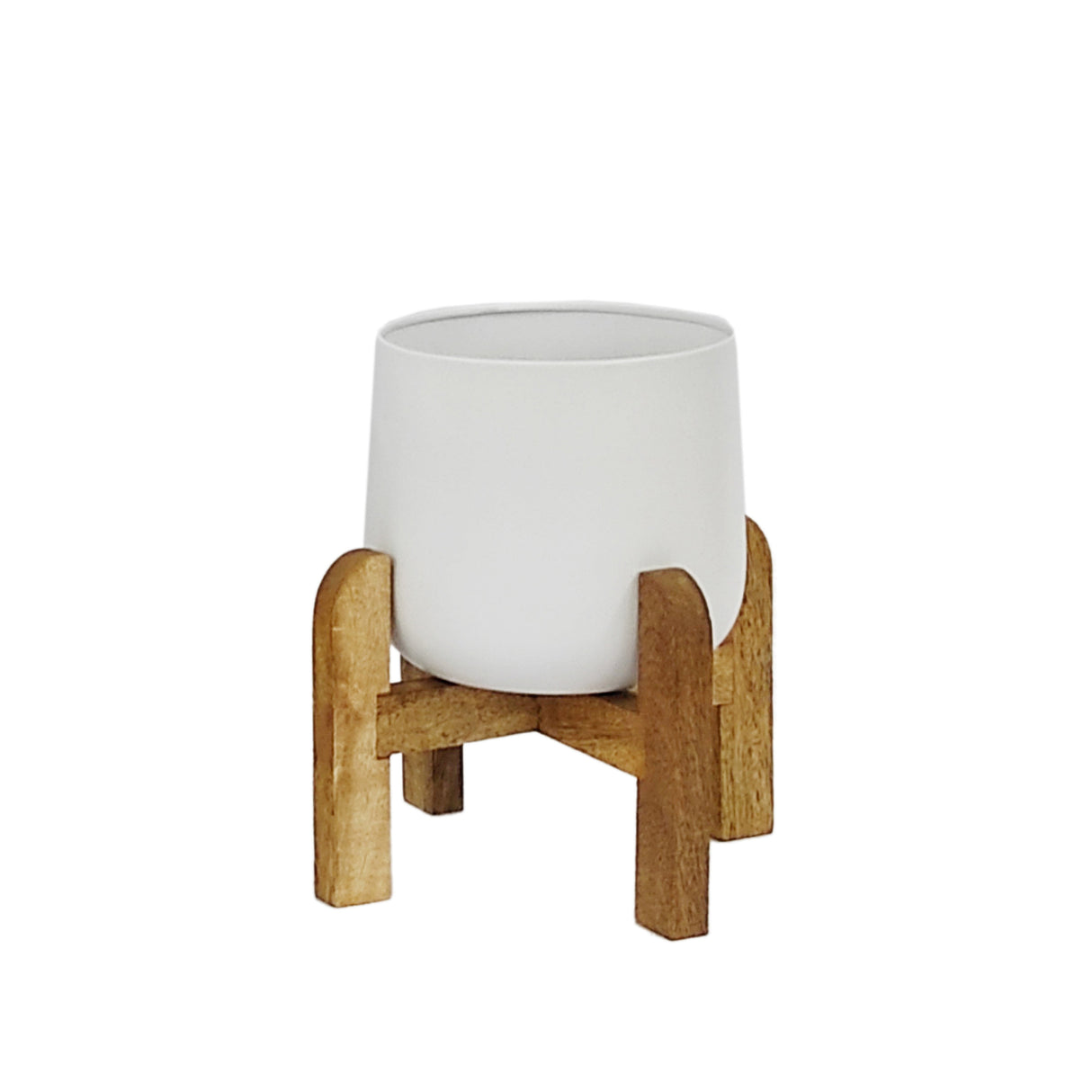 S/3 METAL 9/10/12" PLANTER W/ WOOD STAND, WHITE