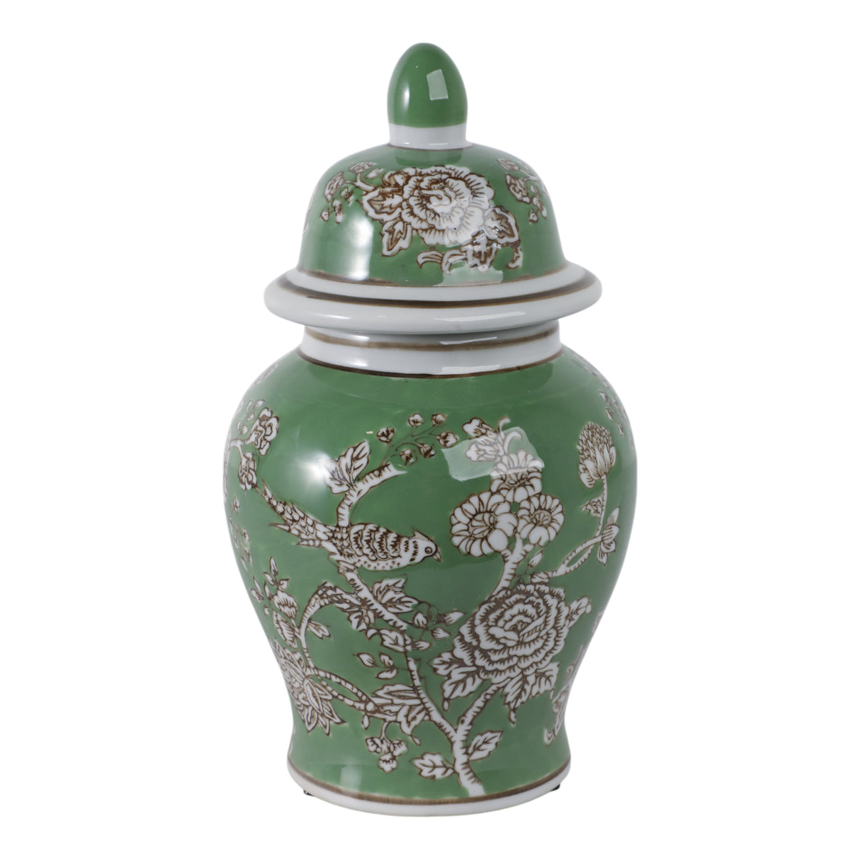 10x6" Bird & Flower Temple Jar, Green/brown