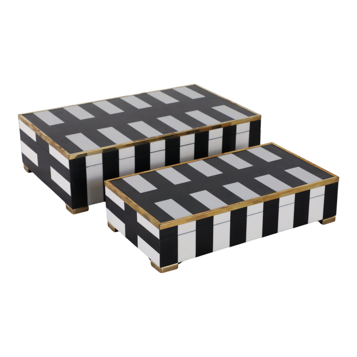 S/2 12/14" Gold Footed Boxes, Black/white
