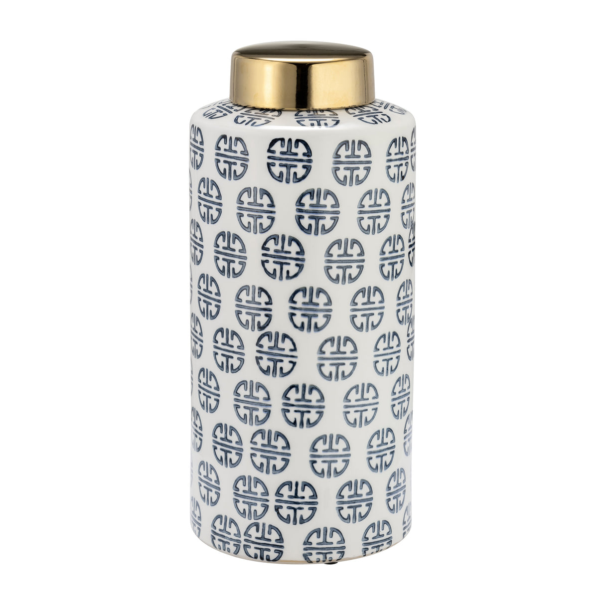 CER, 13"H MODERN GINGER JAR, NAVY/WHITE