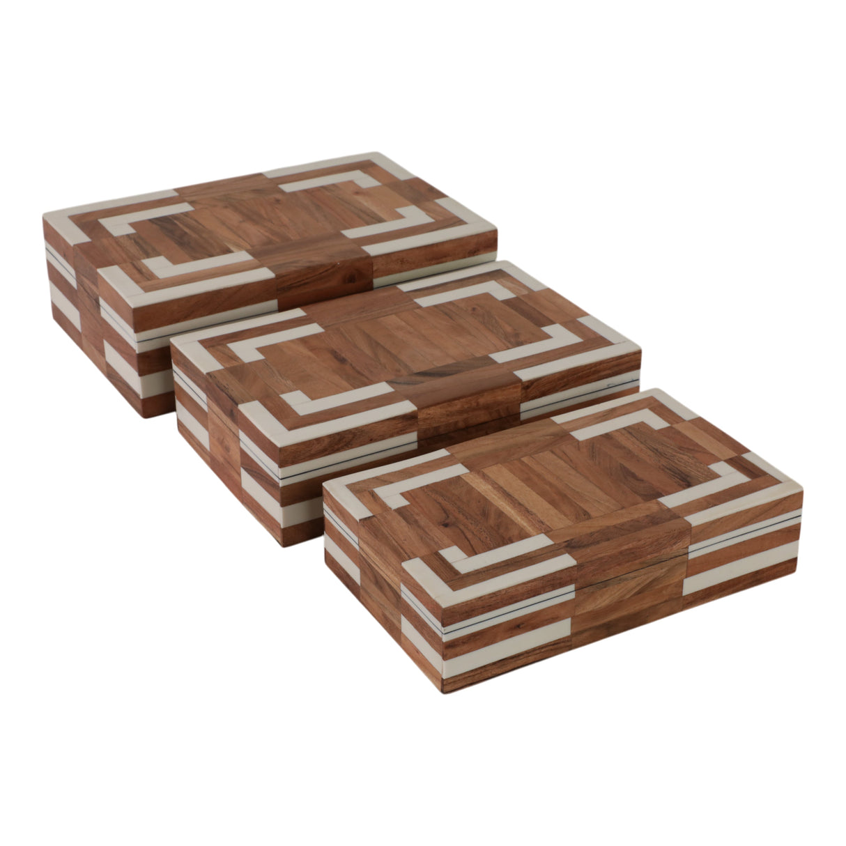 S/3 10/11/12" Wood Inlay Boxes, Natural/ivory