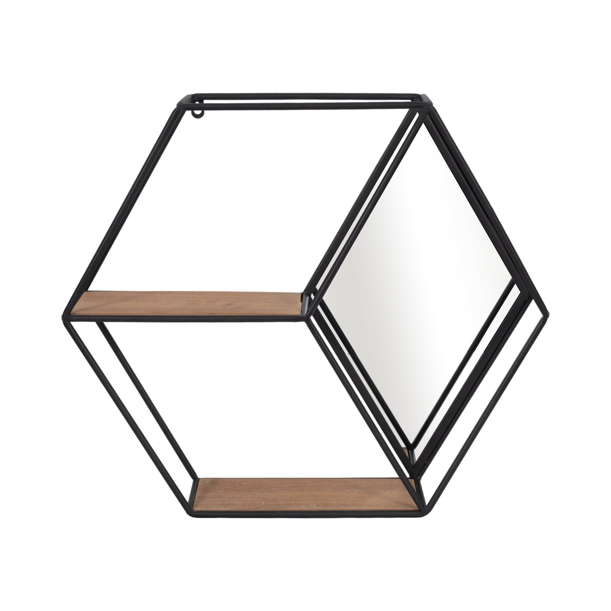 METAL/WOOD 20" HEXAGON MIRRORED WALL SHELF, BLACK