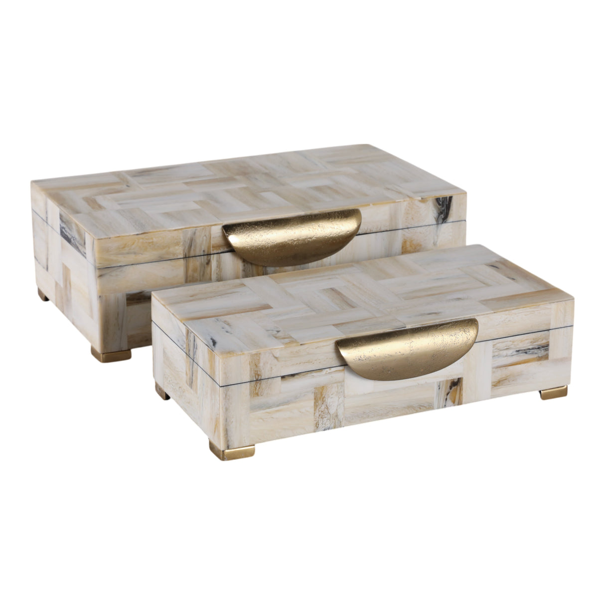 S/2 12/14" Marbled Resin Footed Boxes, Tan Multi