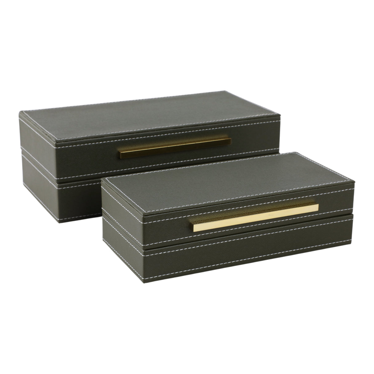 S/2 10/12" Faux Leather Stitched Edge Boxes Green