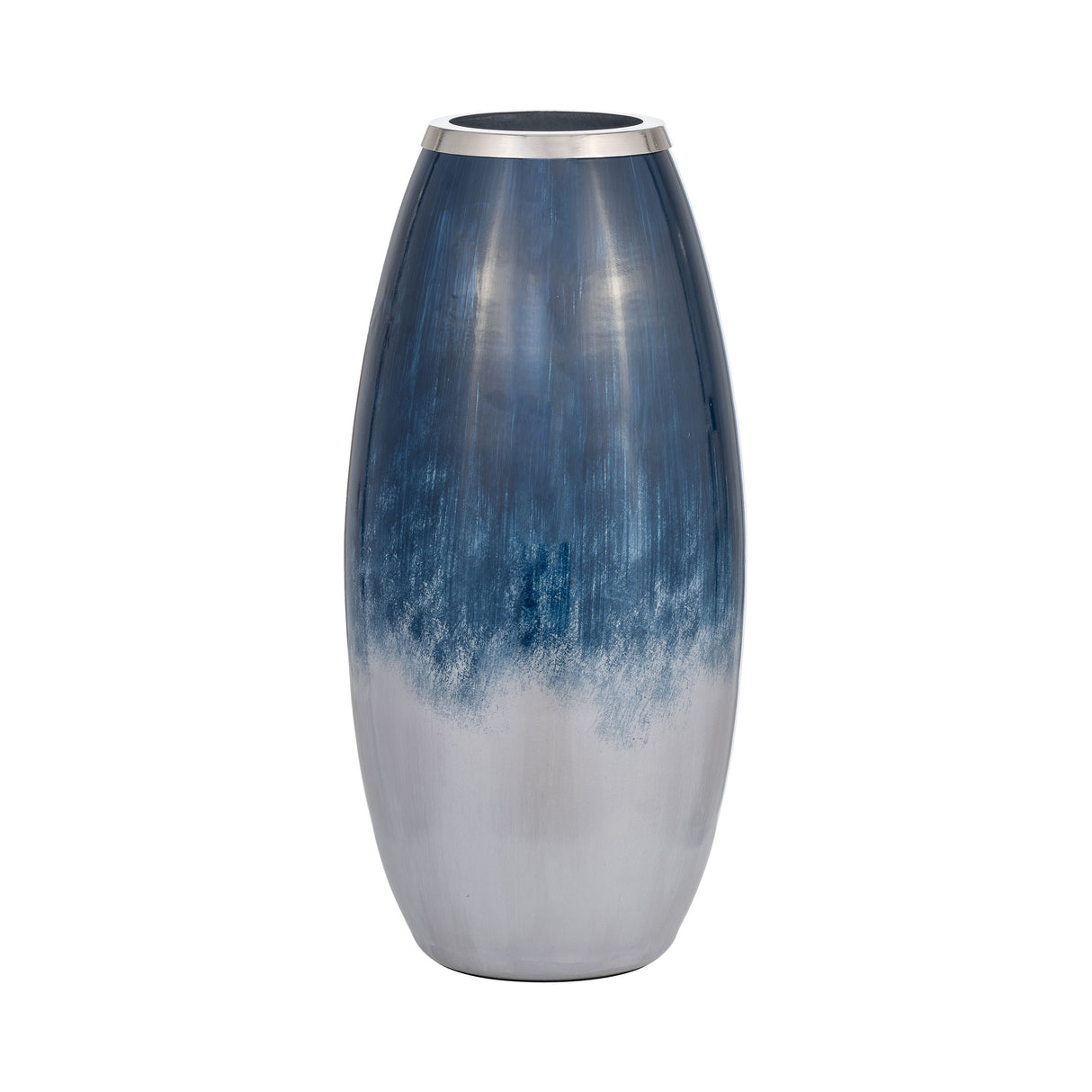 GLASS,18"H VASE W/METAL RIM, BLUE/WHT OMBRE
