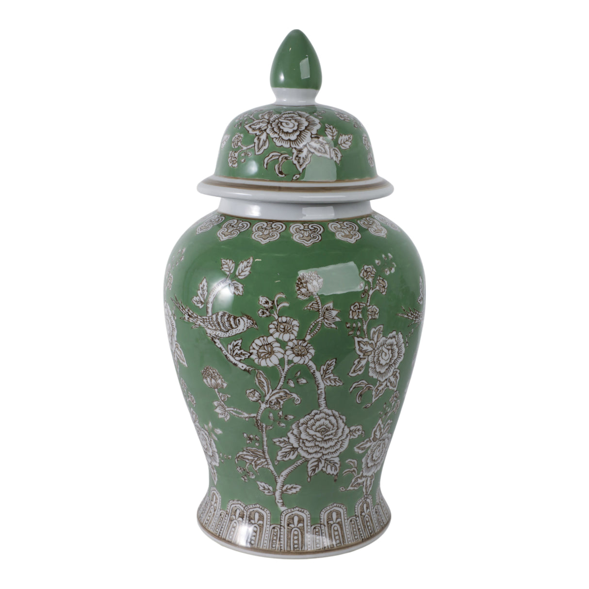 18x9" Bird & Flower Temple Jar, Green/brown