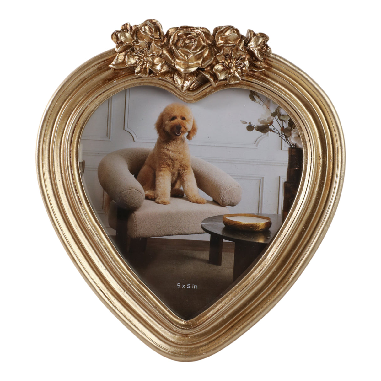 5x5 Heart Photo Frame With Roses, Gold