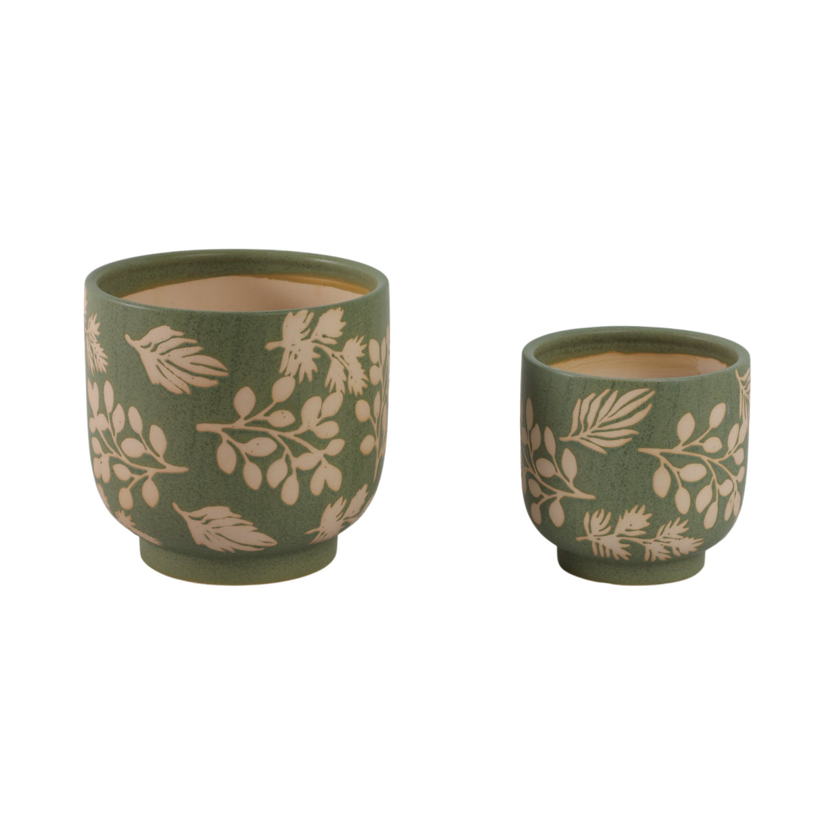 S/2 6/8" Hand Painted Leaves Planters, Green/tan