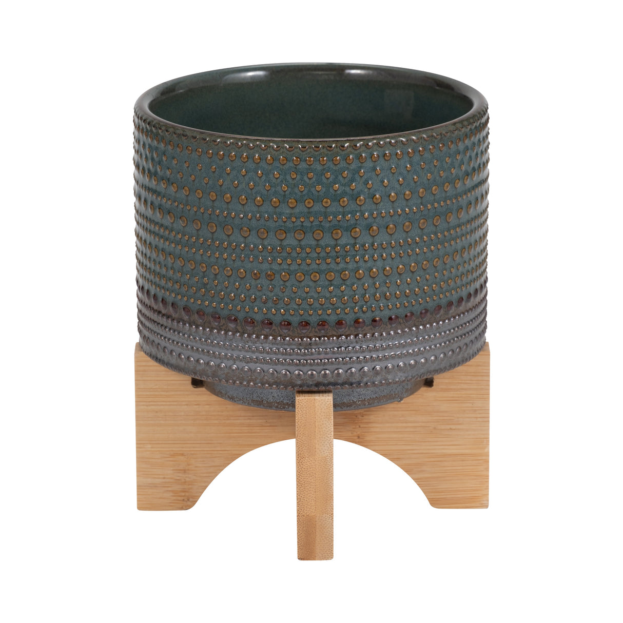 5" DOTTED PLANTER W/ WOOD STAND, GREEN