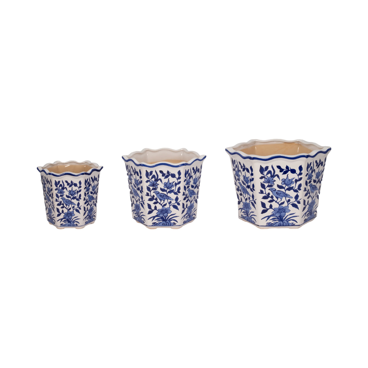S/3 8/10/12" Chinoiserie Bird Planters, Blue/white