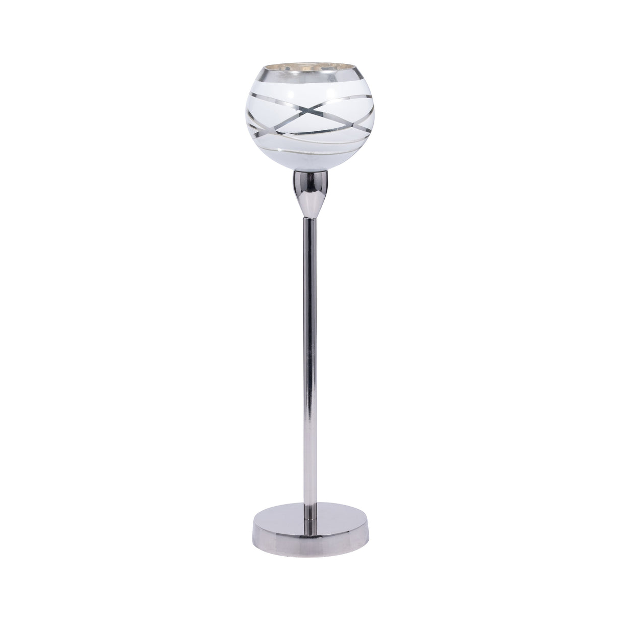 GLASS, 17" VOTIVE HOLDER W/ STAND, WHITE/SILVER