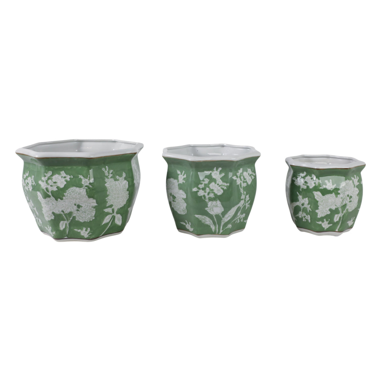 S/3 8/10/12"green/wht Floral Planters