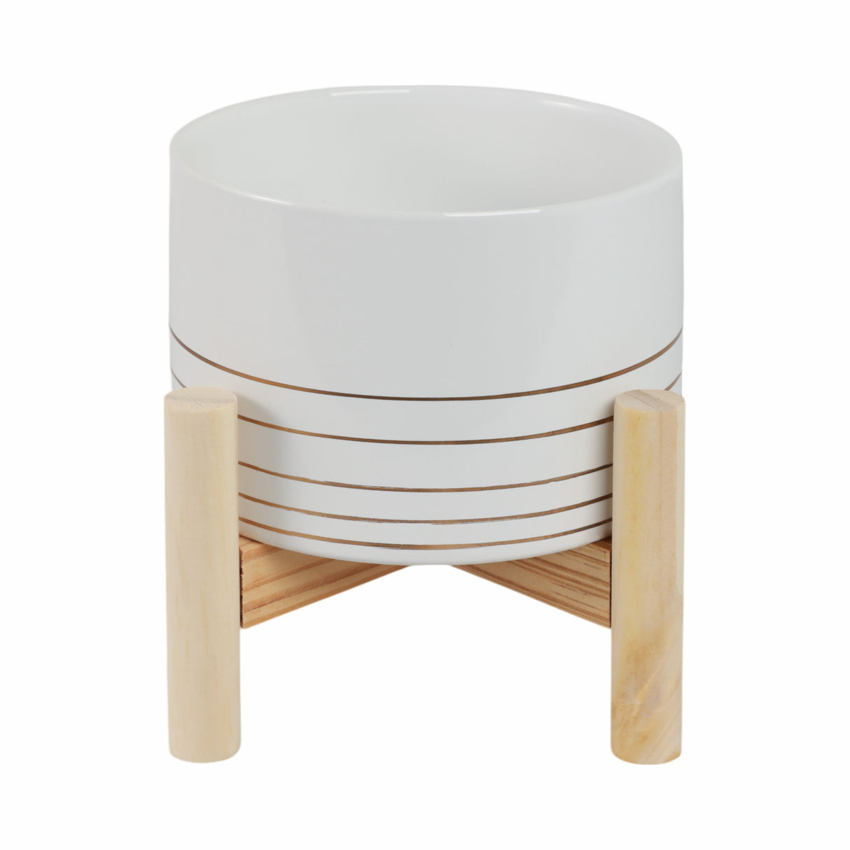 6" CERAMIC METALLIC PLANTER W/ WOOD STAND, WHITE