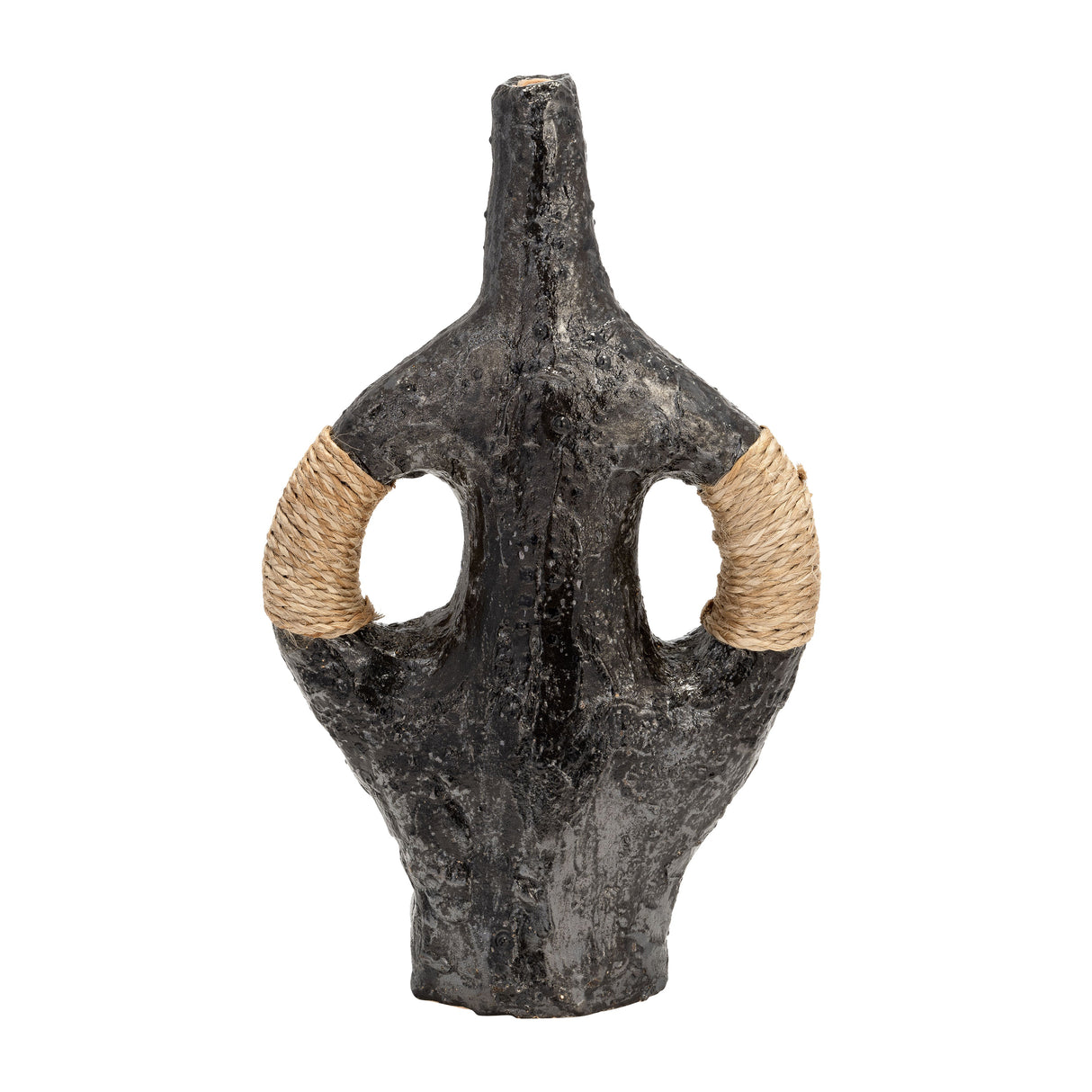 TERRACOTTA 14"H, DOUBLE HANDLE W/TWINE VASE, BLK