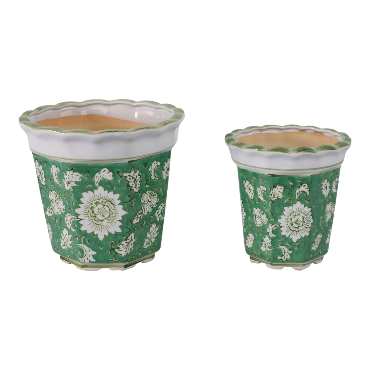 S/2 6/8" Flower & Vine Chinoiserie Planters, Green