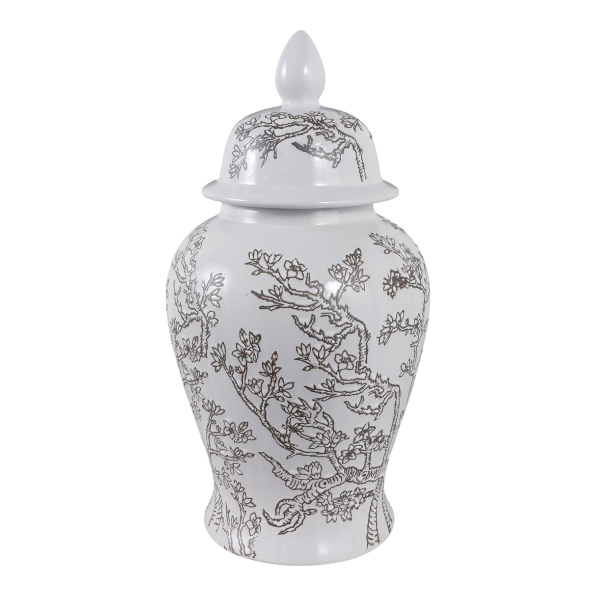 18x9" Cherry Blossom Temple Jar, White/ Brown
