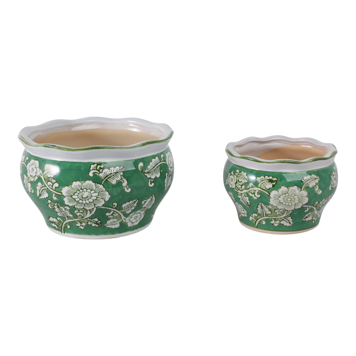 S/2 6/8" Floral Chinoiserie Planters, Green