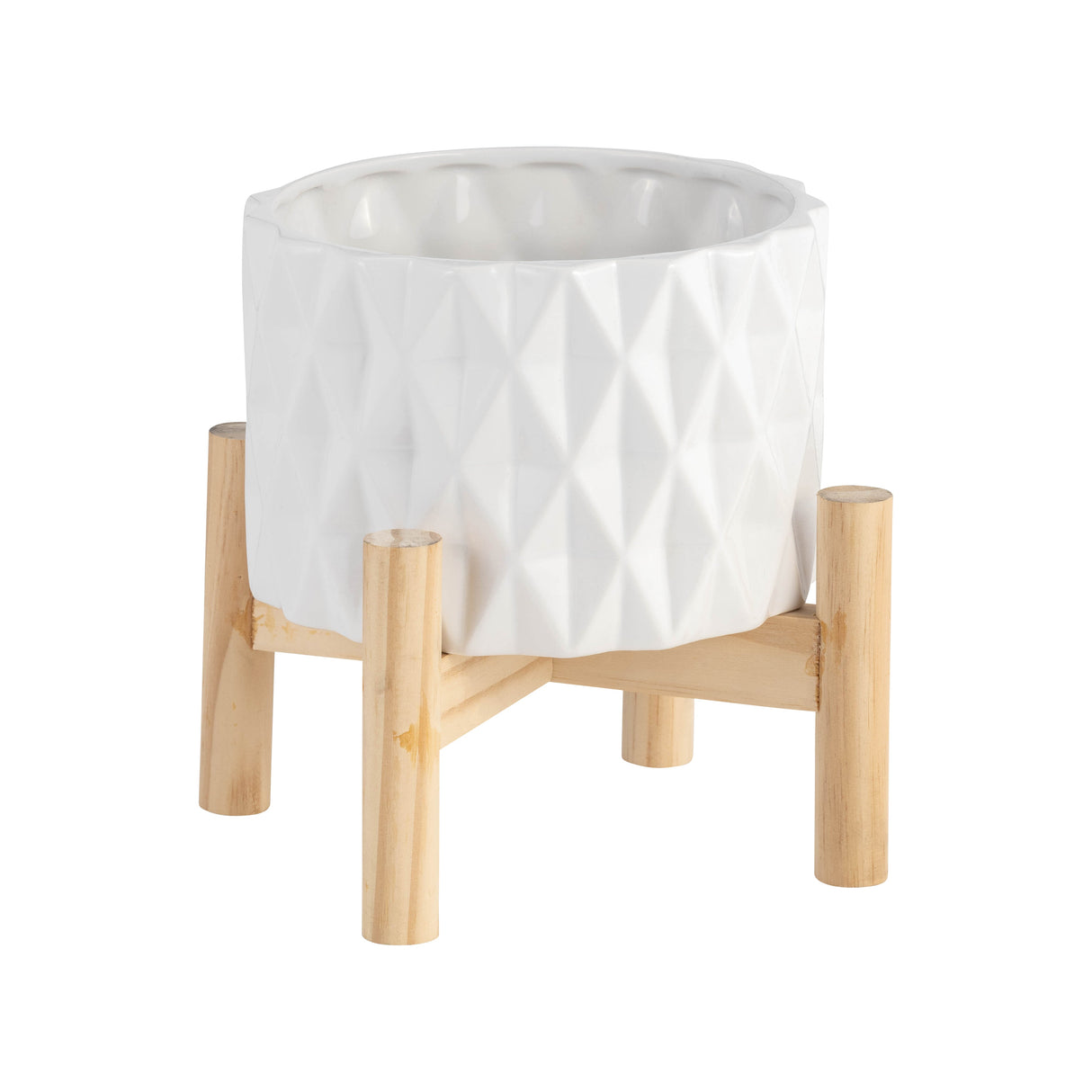 6" CERAMIC DIAMOND PLANTER W/ WOOD STAND, WHITE