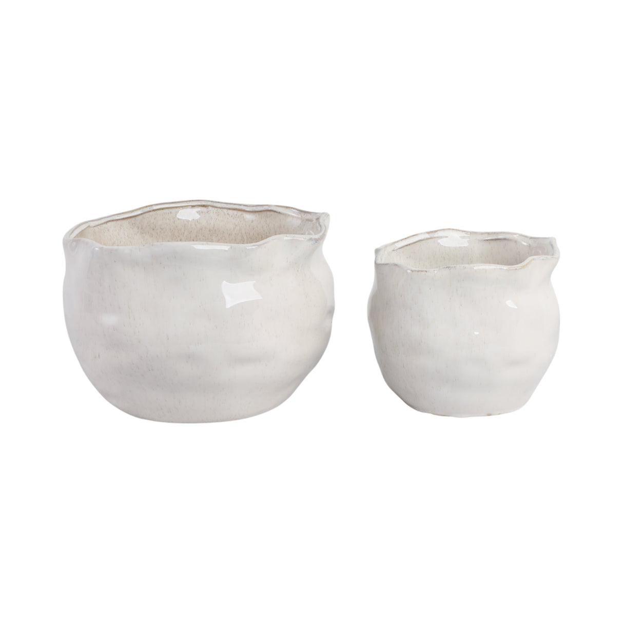 S/2 9/12" ROUND WAVY EDGE PLANTERS, WHITE