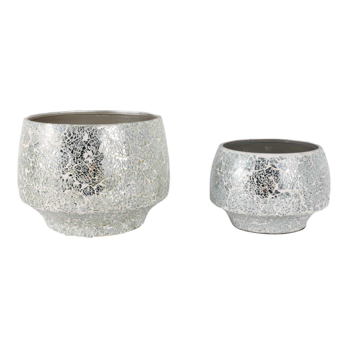 S/2 9/11" Curved Crackle Mosaic Planter, Silver