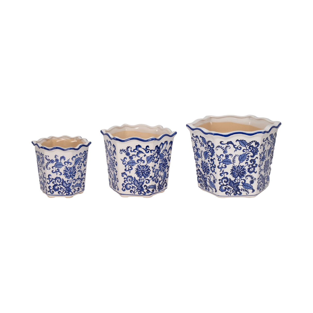 S/3 8/10/12" Chinoiserie Dahlia Planters, Blue/whi