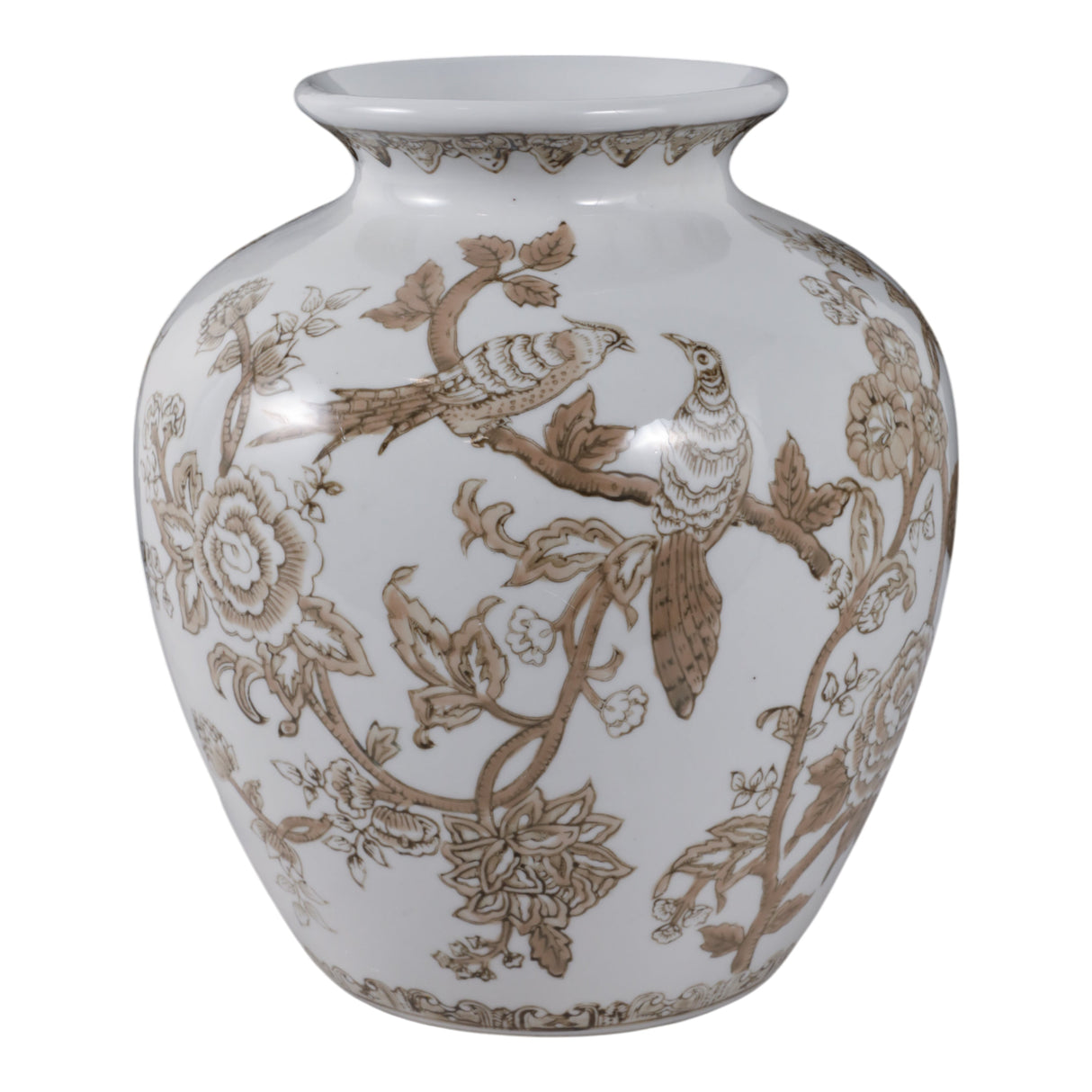 10x8" Chinoiserie Bird & Vines Vase, Brown/ White