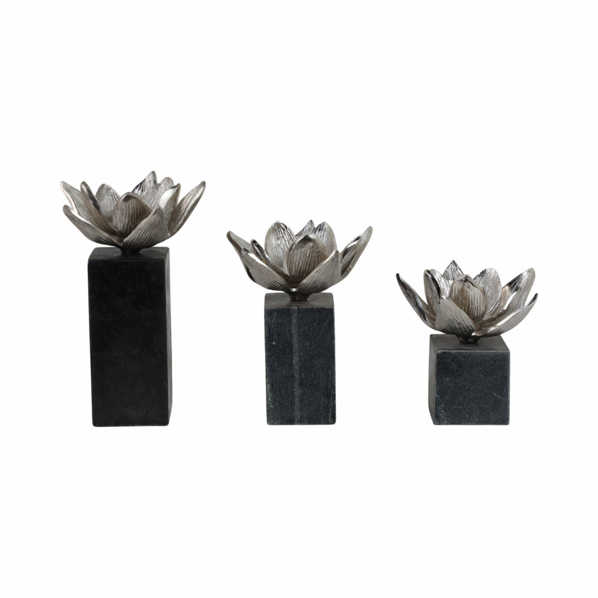 S/3 6/7/10" DARBY SILVER FLOWER STATUARY WITH MARB