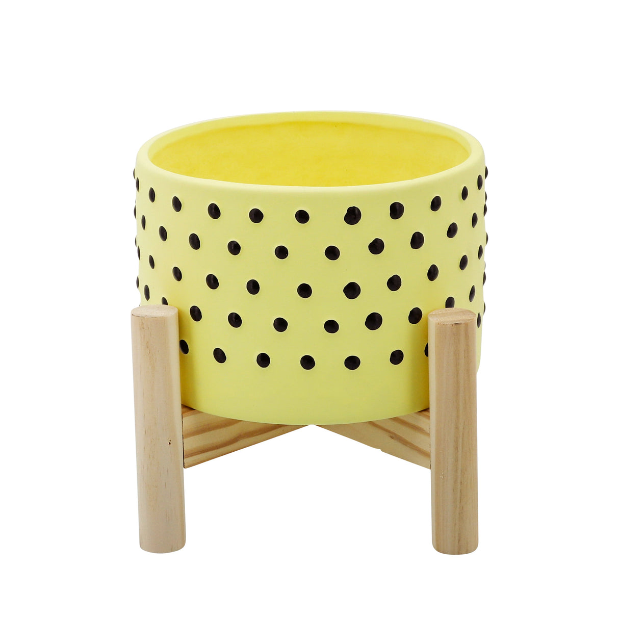 6" DOTTED PLANTER W/ WOOD STAND, YELLOW