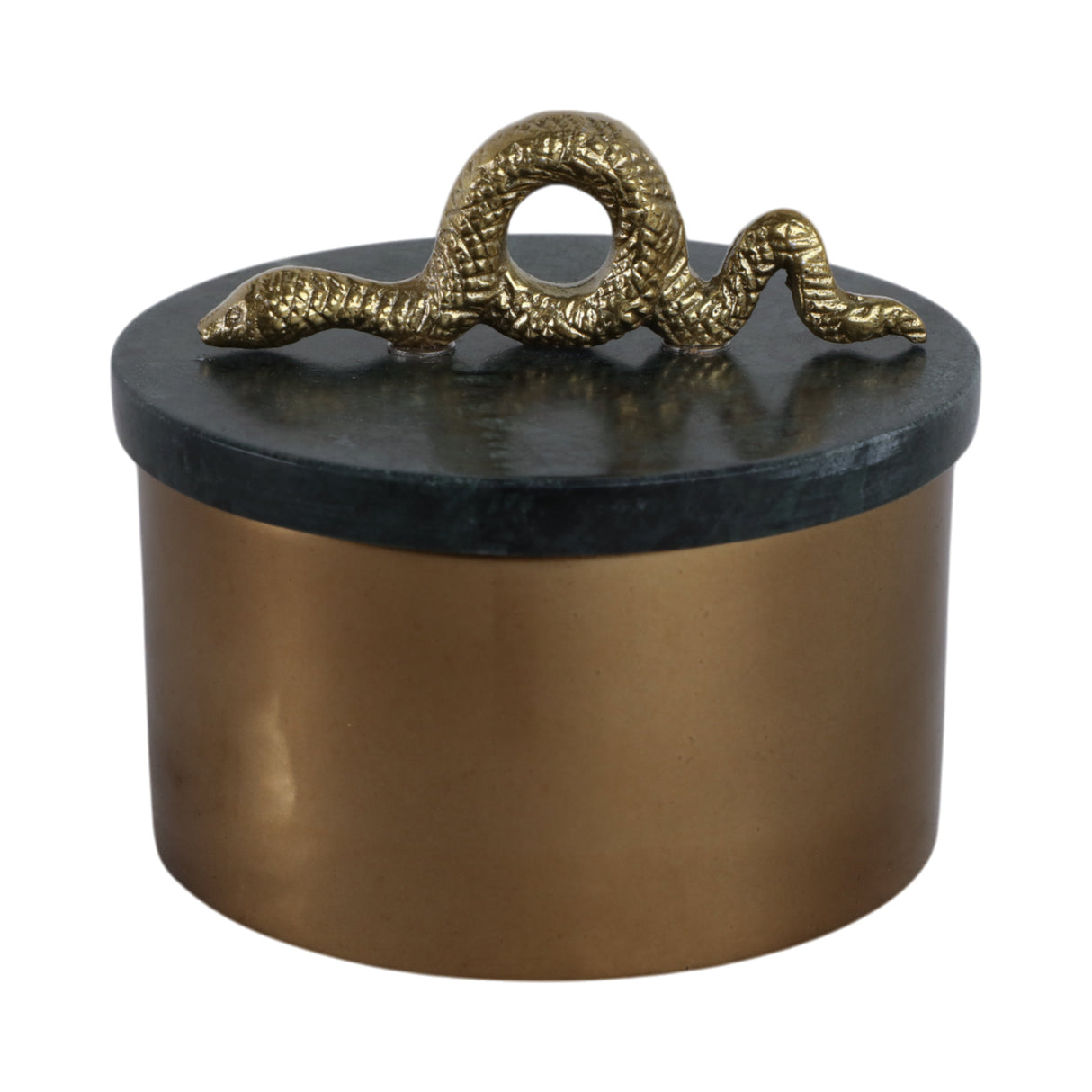 5x5" Round Marble & Metal Box With Snake, Green/go