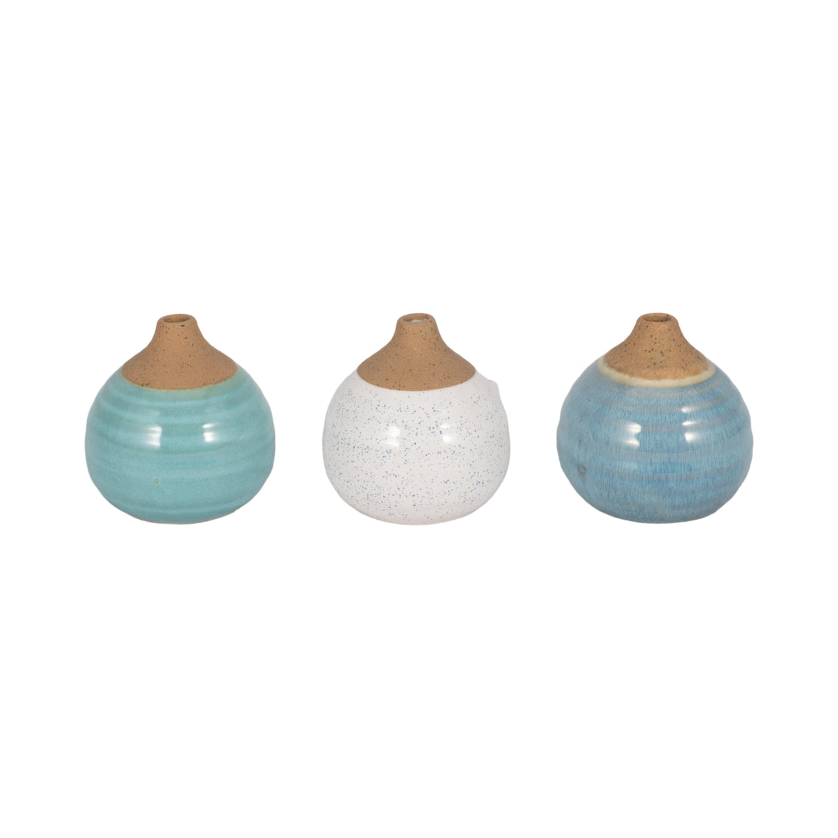 S/3 GLAZED BUD VASES, BLUE/TURQ/WHITE