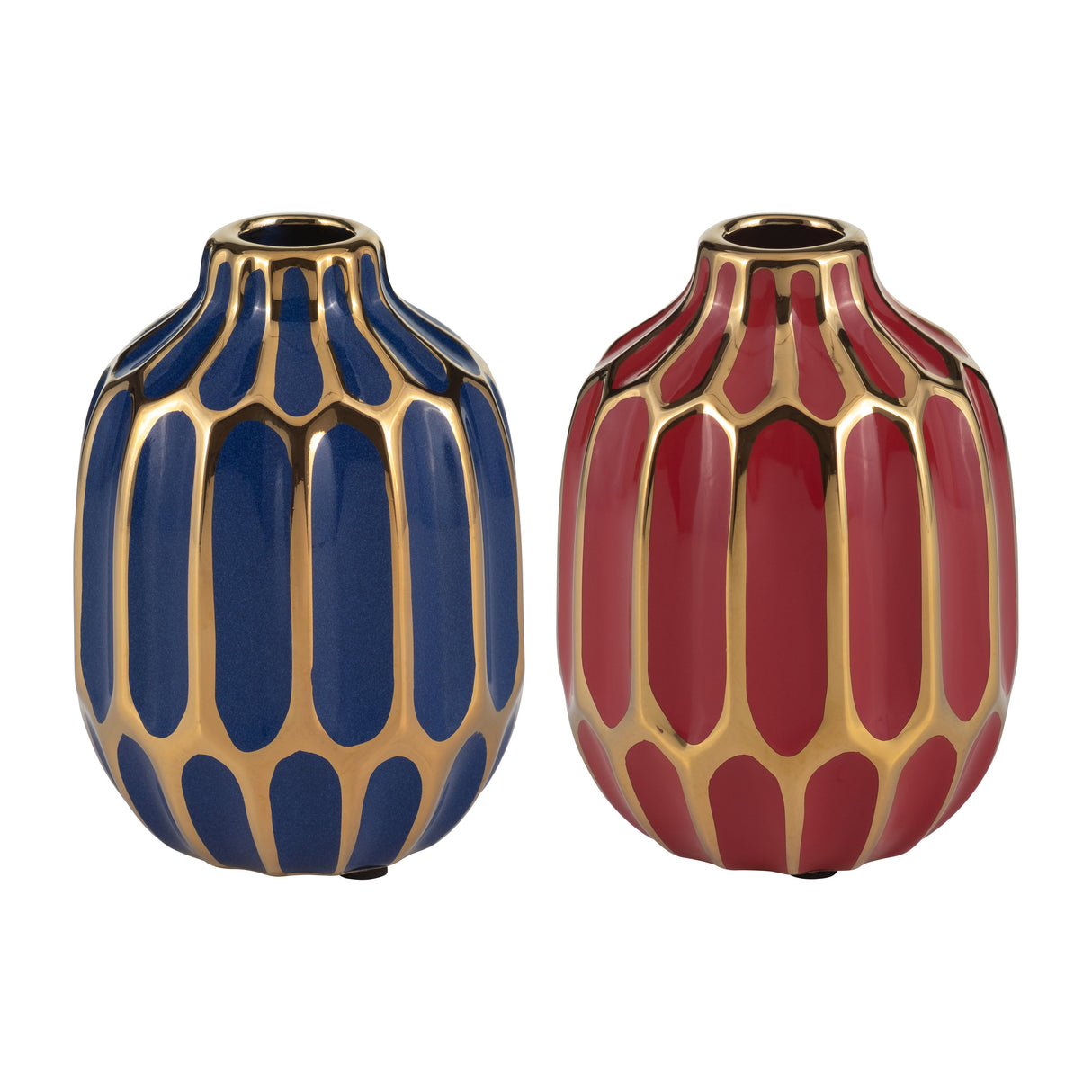 CERAMIC VASE, 5"H, S/2, NAVY/RED