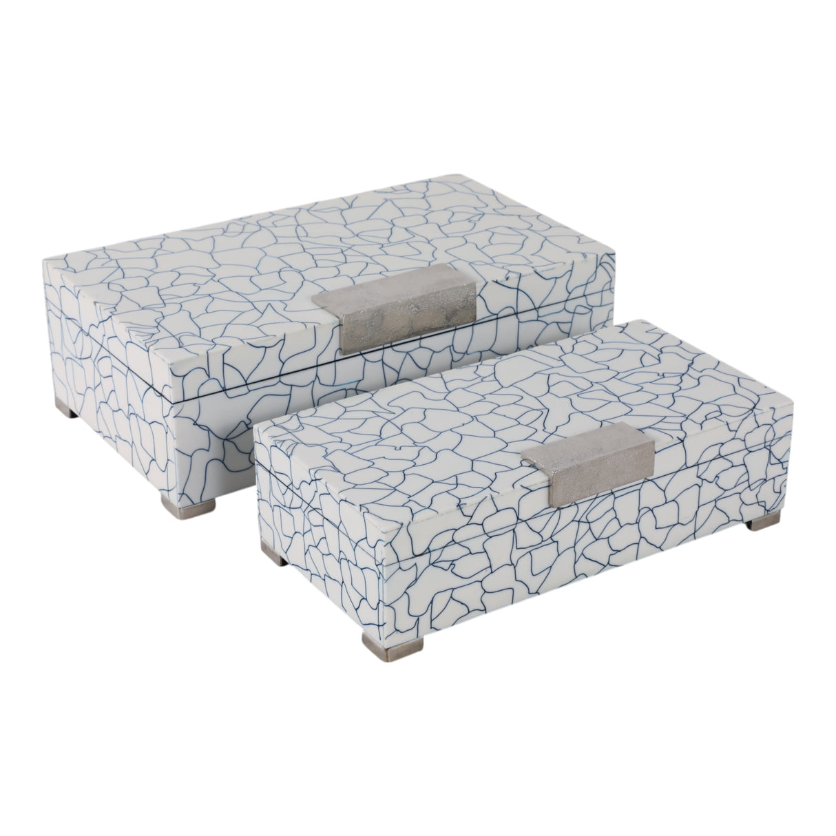 S/2 12/14" Squiggle Lines Footed Boxes, Navy/white
