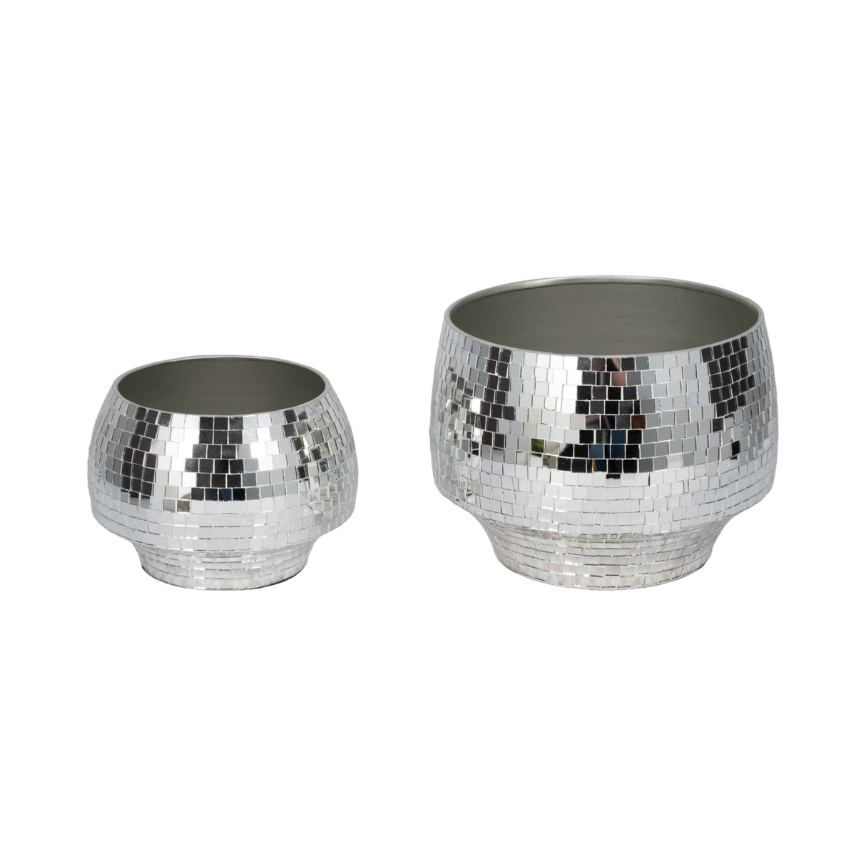 S/2 9/11" Curved Disco Mosaic Planter, Silver