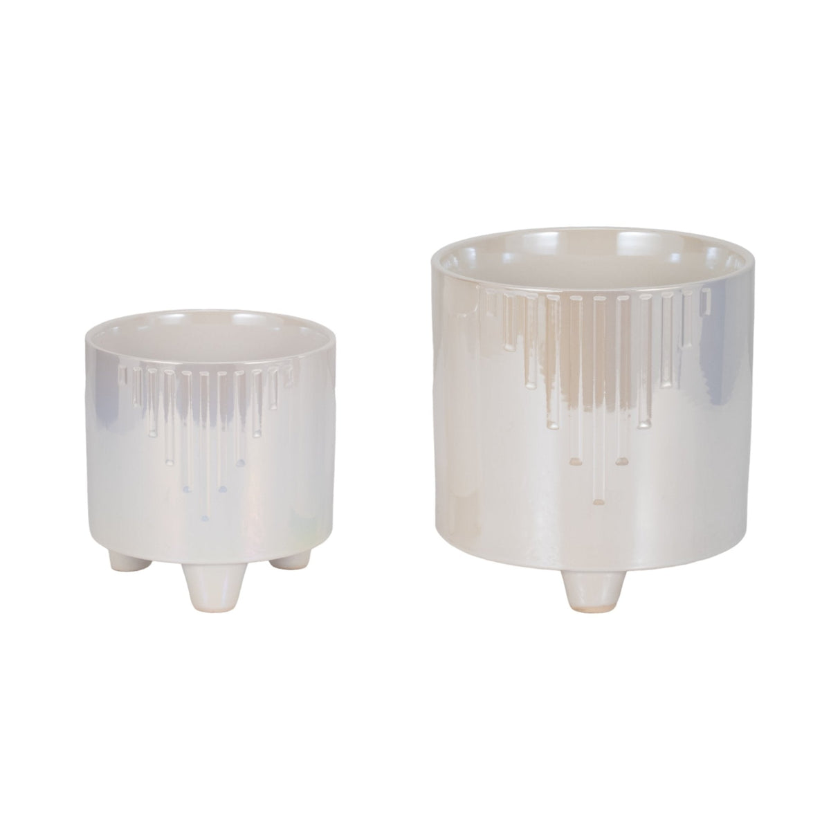 S/2 6/8" Iridescent Line Footed Planters, Ivory