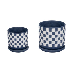 S/2 5/6" Checkerboard Saucer Planters, Blue/white