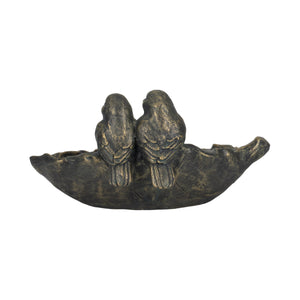 14" 2 Birds Perched On Leaf Birdfeeder, Bronze