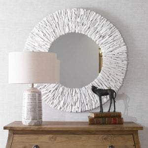 Teak Branch Round Mirror, White