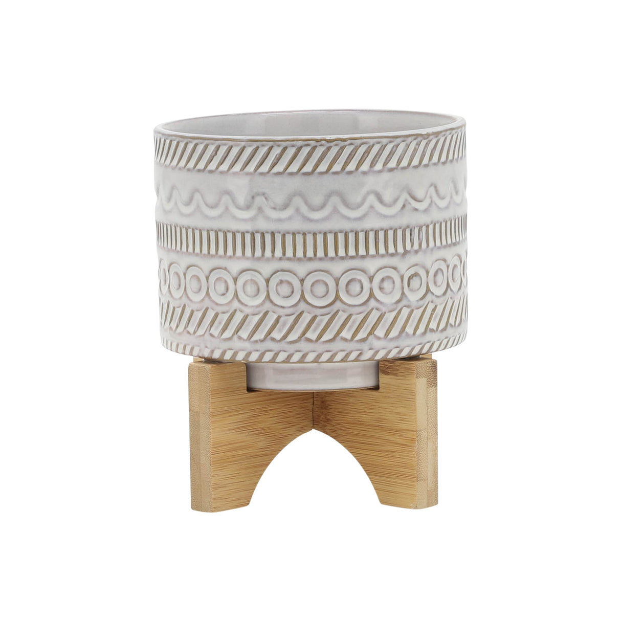 5" TRIBAL PLANTER W/ WOOD STAND, BEIGE