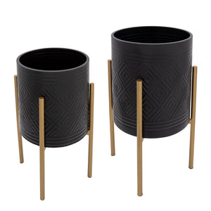 S/2 AZTEC PLANTER ON METAL STAND, BLACK/GOLD