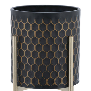 S/2 3D  HONEYCOMB PLANTER ON METAL STAND, BLK/GLD