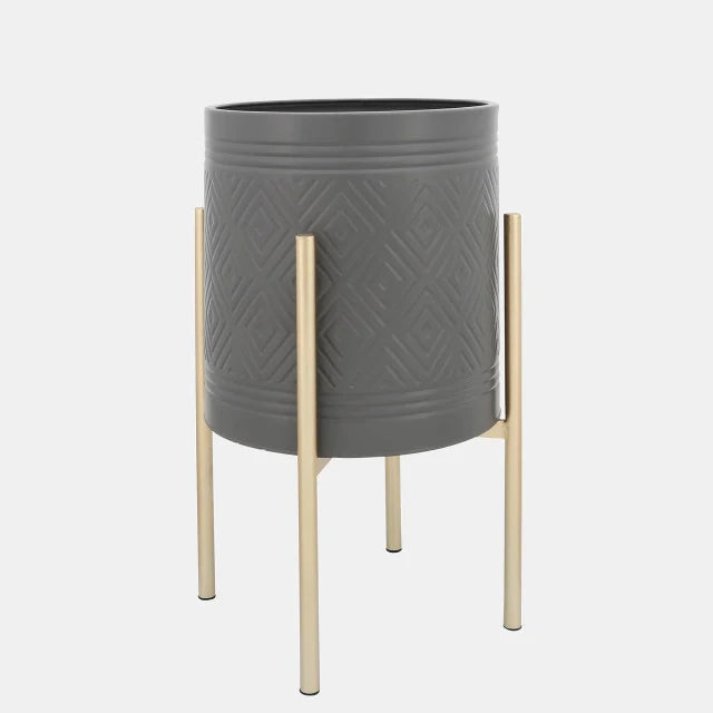 S/2 AZTEC PLANTER ON METAL STAND, GRAY/GOLD