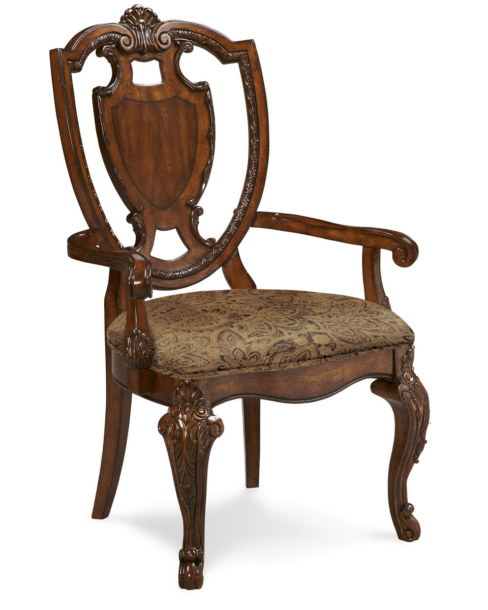 Old World Shield Back Arm Chair With Fabric Seat