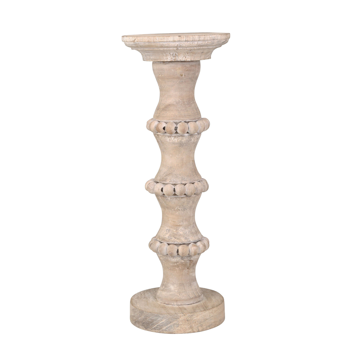 WOODEN 15" BANDED BEAD CANDLEHOLDER, DISTRESSED IV