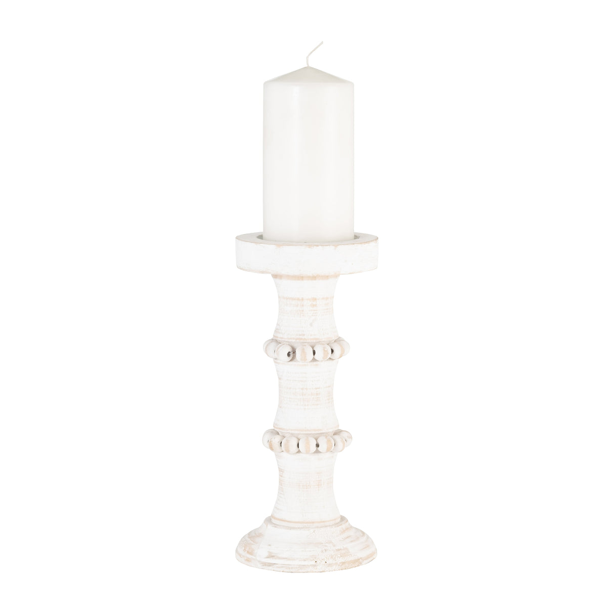 WOOD, 11" ANTIQUE STYLE CANDLE HOLDER, WHITE