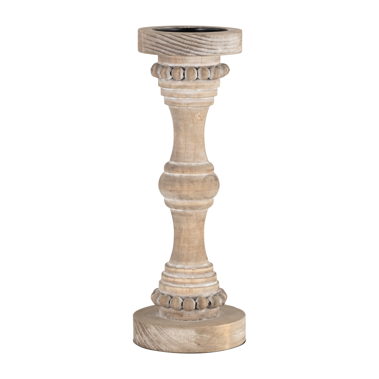 Wood, 14" Banded Bead Candle Holder, Antique White